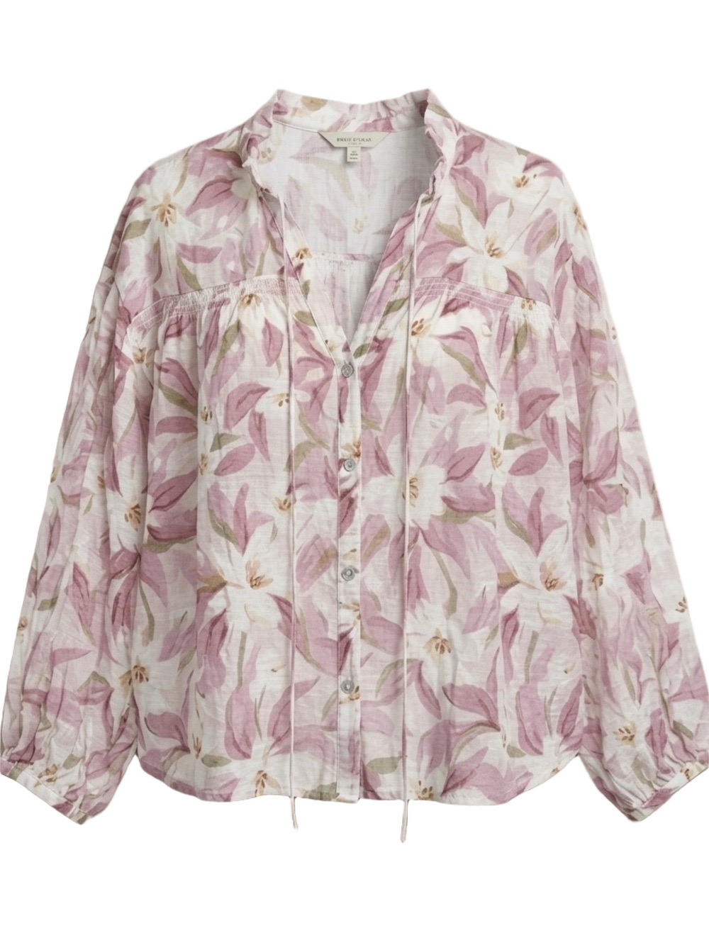 Color Block Floral Blouse Medium | Pink White Tencel Tie Neck Button Front